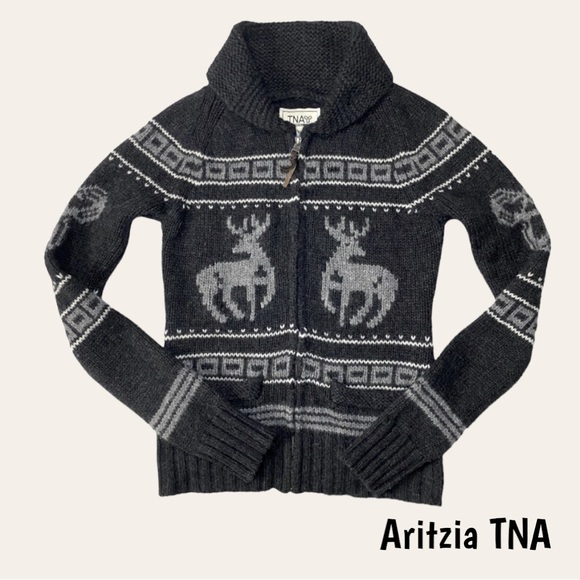 TNA Sweaters - Aritzia TNA Sea to Sky Deer Cardigan Sweater 100% Lambswool Full Zip